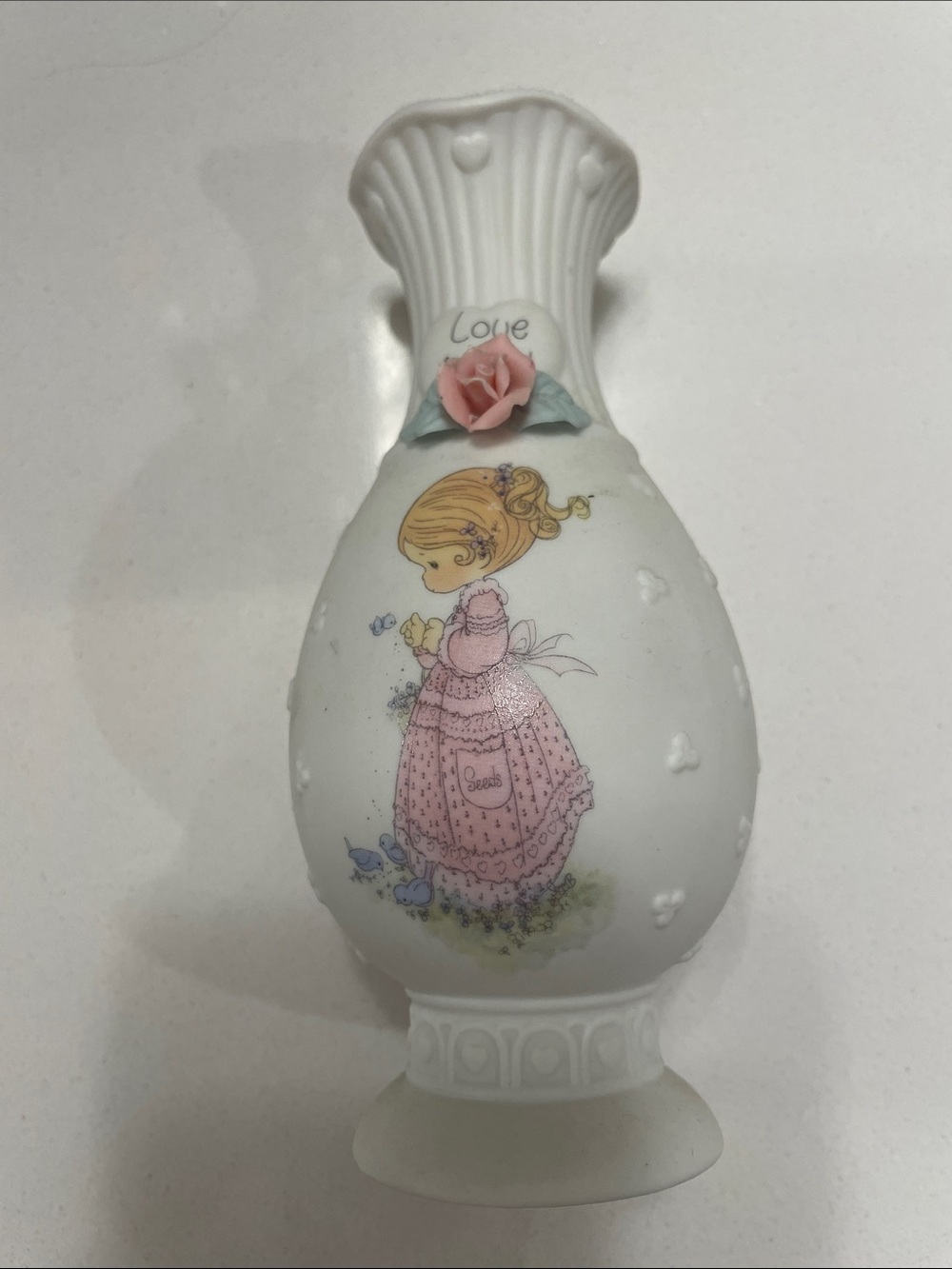 Precious Moments White Porcelain Vase with Pink Rose and Pink-Dressed Girl